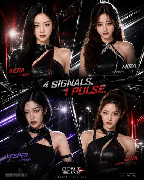 Four-panel DON’T BLINK portrait of AERA, MIRA, VESPER and ZAYA